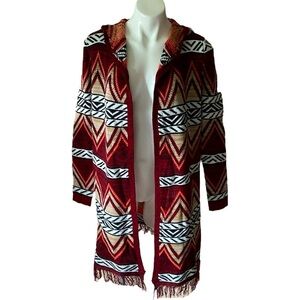Charlotte Russe Red And Black Long Southwestern Hooded Open Sweater Size Small